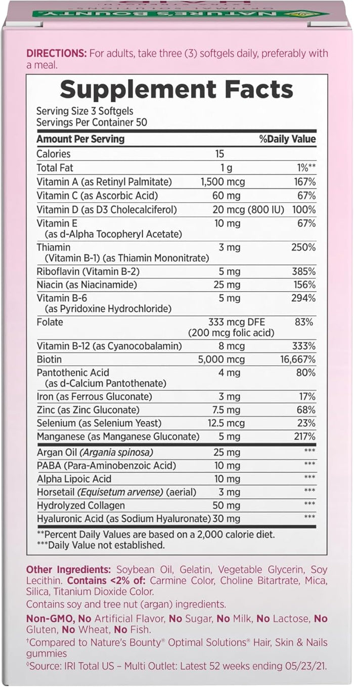 Nature's Bounty Advanced Hair, Skin & Nails, Argan-Infused Vitamin Supplement with Biotin and Hyaluronic Acid, 150 Rapid Release Softgels, 50 Total Servings