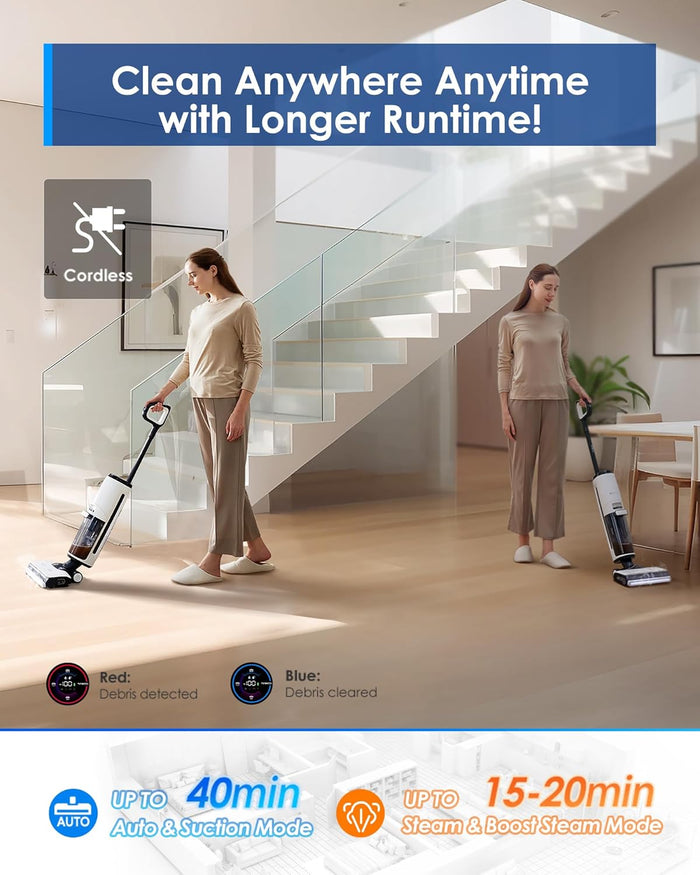 Tineco Floor ONE S7 Steam Cordless Wet Dry Vacuum Steam Mop All-in-One, Floor Washer for Sticky Mess Clean Up on Hard Floors with Digital Display, Self-Cleaning, Edge Cleaning, Safe for Kids & Pets