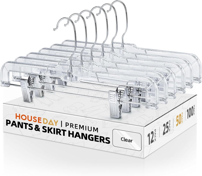 HOUSE DAY Clear Skirt Hangers with Clips 25 Pack, Non-Slip Pants Hangers for Closet, Clip Hanger for Pants, Skirts, Shorts, Troubles, 14'' Clear Plastic Hanger with 360 Swivel Hook