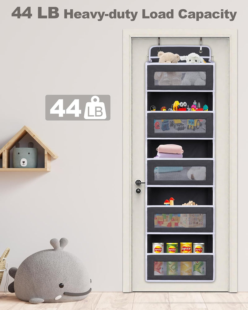 Over The Door Organizer 44LB Capacity with 5 Large Pockets & 10 Mesh Side Pockets, Clear Window Anti-Tilt Hanging Storage for Nursery, Bathroom, Pantry - Dark Grey, 1 Pack