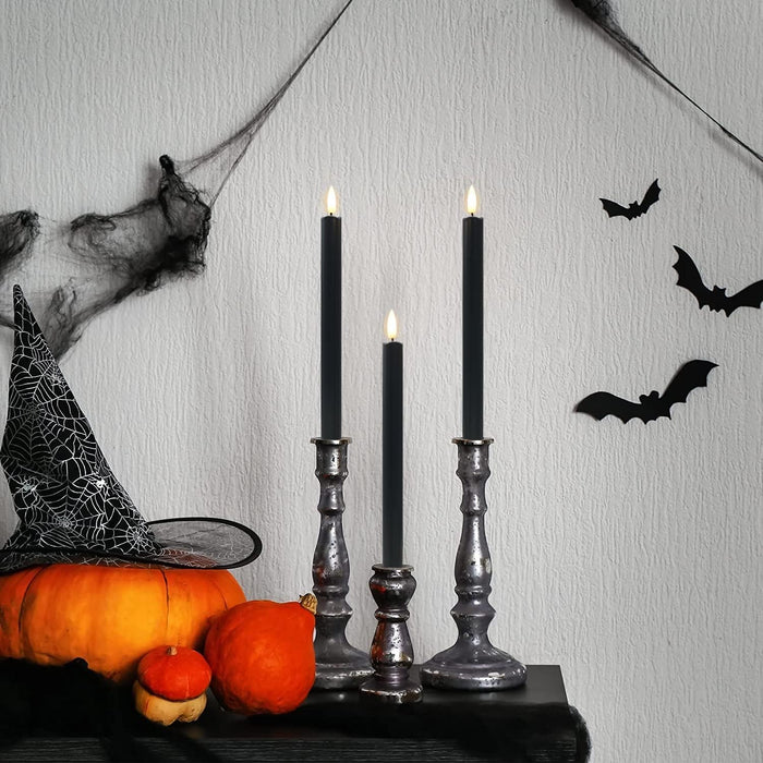 Black Flameless Taper Candles with Remote - 10 Inch LED Candlesticks Flickering, Realistic 3D Flame with Wick, Warm White Light, Home Halloween Decor, Automatic Timer - Set of 6