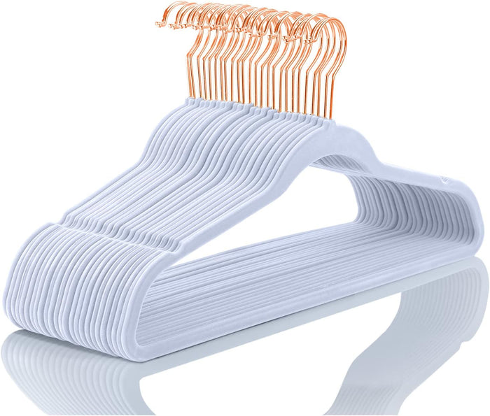 MIZGI Premium Velvet Hangers (50 Pack) Heavy Duty - Non Slip Felt Hangers - Blush Pink - Rose Gold 360 Degree Swivel Hooks,Space Saving Clothes Hanger,Durable Strong Hanger for Suits,Coats,Dress