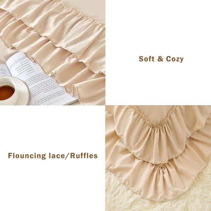Cupocupa Beige Queen Comforter Set, 3Pcs Comforters Ruffle Farmhouse Bedding Sets Queen with Comforter, Lightweight Soft Shabby Chic Bedding Comforter Set Fluffy for All Season