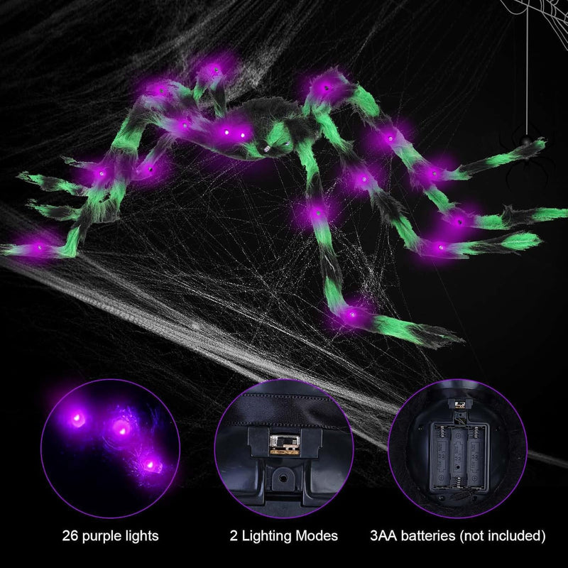 Halloween Spider Decorations 4ft Light Up Coloful Giant Spider(2 Pack) for Indoor Outdoor Halloween Decorations Yard Party House Décor