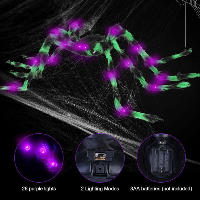 Halloween Spider Decorations 4ft Light Up Coloful Giant Spider(2 Pack) for Indoor Outdoor Halloween Decorations Yard Party House Décor