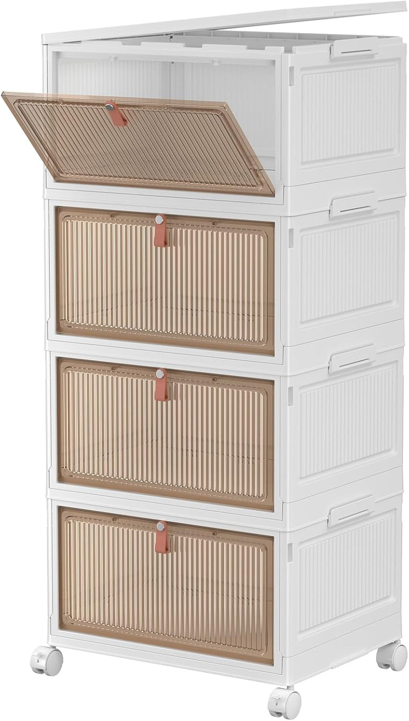 CTSNSLH 4 Tier Plastic Storage Bins and Boxes Organizer - Stackable with Lids for Bedroom, Living Room, Office - Foldable Containers
