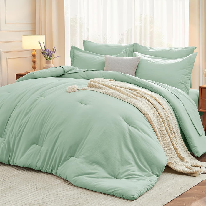 MUXHOMO 7 Pieces Queen Comforter Set, Soft Bed in a Bag Queen Size, All Season Bedding Set with Comforter, Flat Sheet, Fitted Sheet, Pillowcases & Shams, Ivory