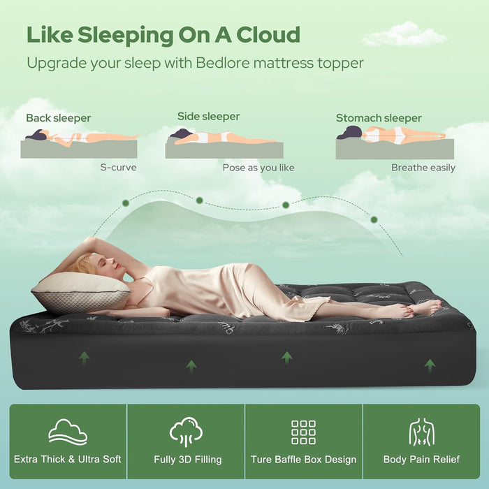 BEDLORE Queen Mattress Topper Viscose Derived from Bamboo, Thick Pillow Top Mattress Pad with Stretchable Pockets for 6-18 inches Mattress, Soft Mattress Topper for Back Pain Relief(Dark Gray)