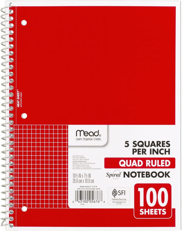 Mead Spiral Notebook, 1 Subject, Graph Ruled Paper, 7-1/2" x 10-1/2", 100 Sheets, Green (05676AC5)