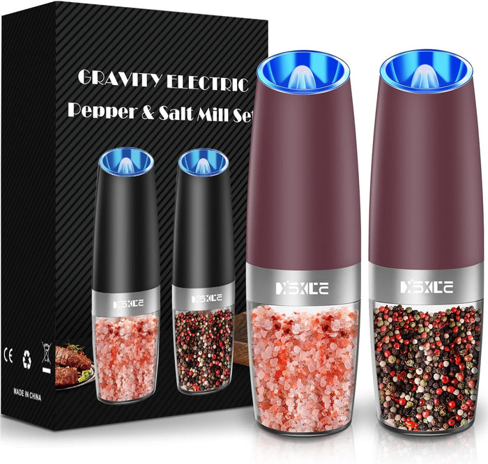 XinXu Gravity Electric Pepper and Salt Grinder Set, Adjustable Coarseness, with LED Light, One Hand Automatic Operation (Set/Silver X)