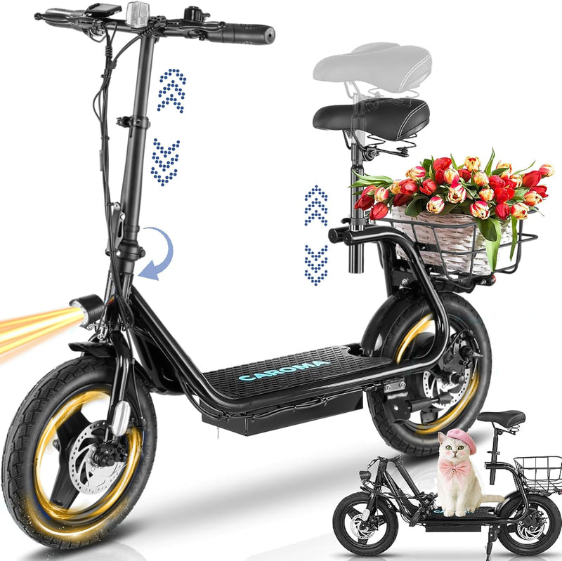 Caroma Peak 1200W/800W/500W Electric Scooter with Seat,14"/12" Fat Tire, Up to 30Miles and 20MPH Electric Scooter Adults&Teens, Adjustable E-Scooter with Shock Absorbtion and Basket