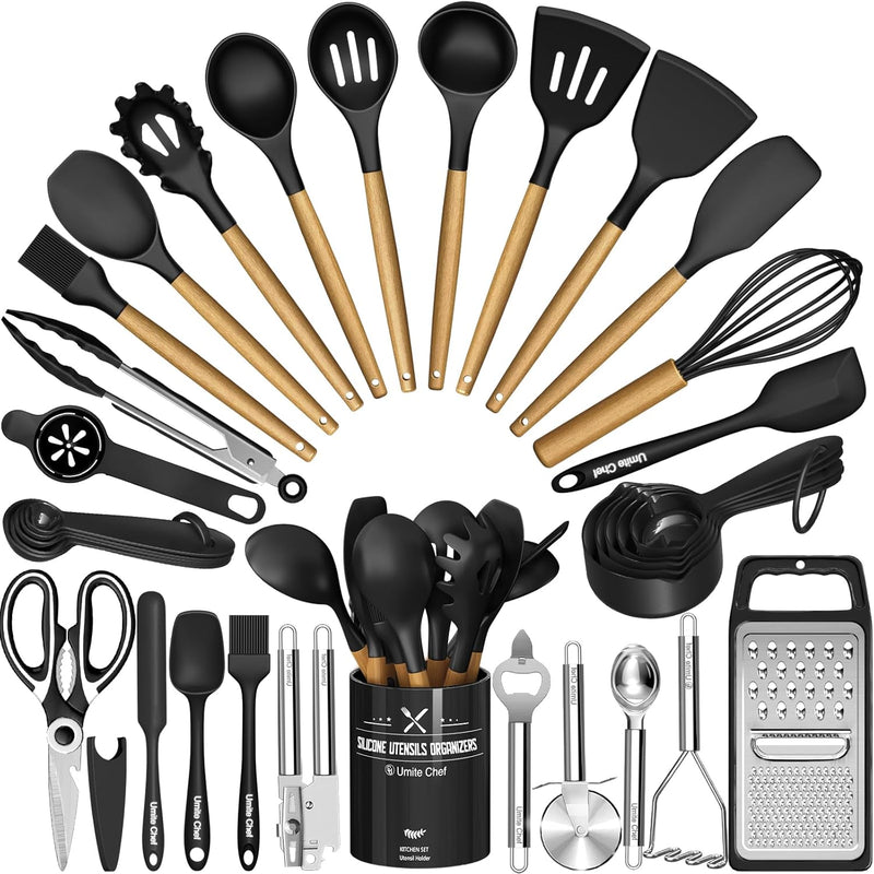 Umite Chef Silicone Kitchen Utensil Set, 34PCS Heat Resistant Kitchen Gadgets and Tools With Grater, Wood Handles for Nonstick Cookware