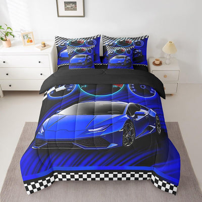 Feelyou Blue Race Car Bed Set for Kids Boys Girls Full Size Extreme Sports 7 Pieces Beeding Set Teen Adult Ultra Soft Speed Sports Car Bed in a Bag with Comforter, Sheets, Pillowcases Cool Car