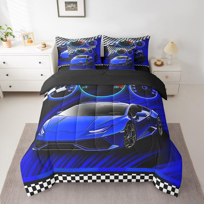 Feelyou Blue Race Car Bed Set for Kids Boys Girls Full Size Extreme Sports 7 Pieces Beeding Set Teen Adult Ultra Soft Speed Sports Car Bed in a Bag with Comforter, Sheets, Pillowcases Cool Car