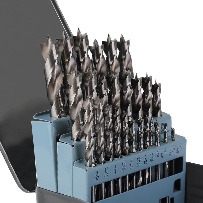 Brad Point Drill Bit Set 12Pcs (1/8" - 1/2"), Wood Drill Bit Set with Double Flutes Design for Hardwood, Plywood, Plastic Round Holes in All Types of Wood