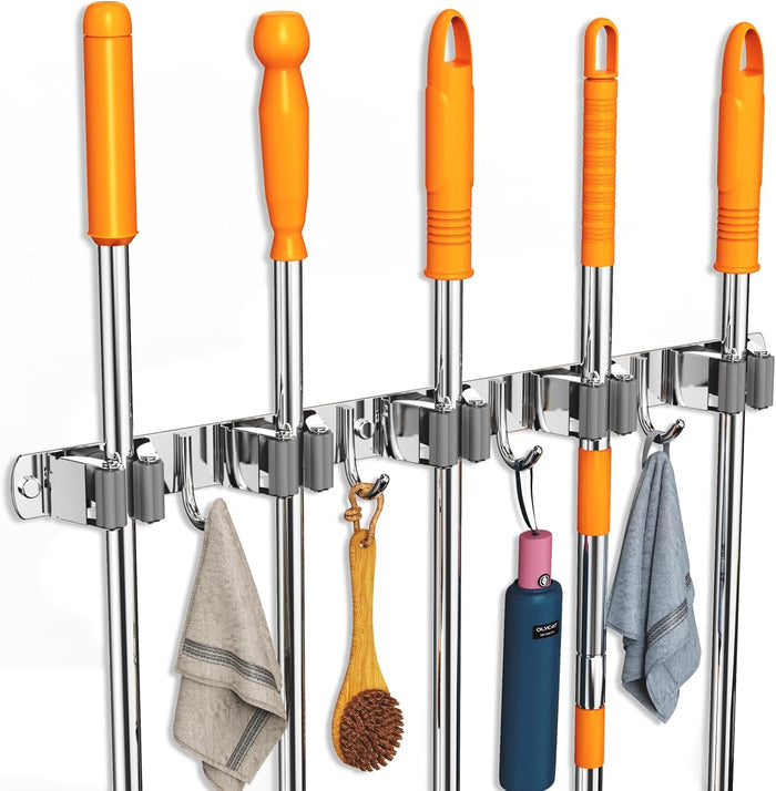 Mop and Broom Holder Wall Mount, Upgraded Broom Organizer Wall Mount, Stainless Steel Broom Hanger Wall Mount for Home Kitchen Garden Laundry Garage (3 Racks with 4 Hooks)