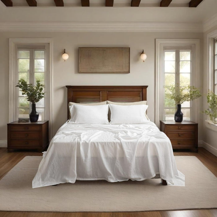 100% Natural Linen Sheets Set 4 Piece - Washed Linen Bedding Set with 16" Deep Pocket Fitted Sheet, Flat Sheet & 2 Pillowcases, Breathable Durable for All Seasons (White, Queen)