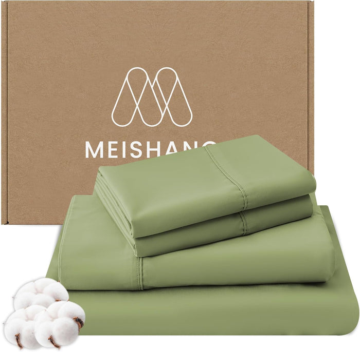 MEISHANG 1000 Thread Count Egyptian Cotton Sheets Queen - 100% Egyptian Cotton Sheet Set, Sateen Weave, Soft & Breathable, 16" Deep Pockets - 4 Piece (Queen, Olive Green)