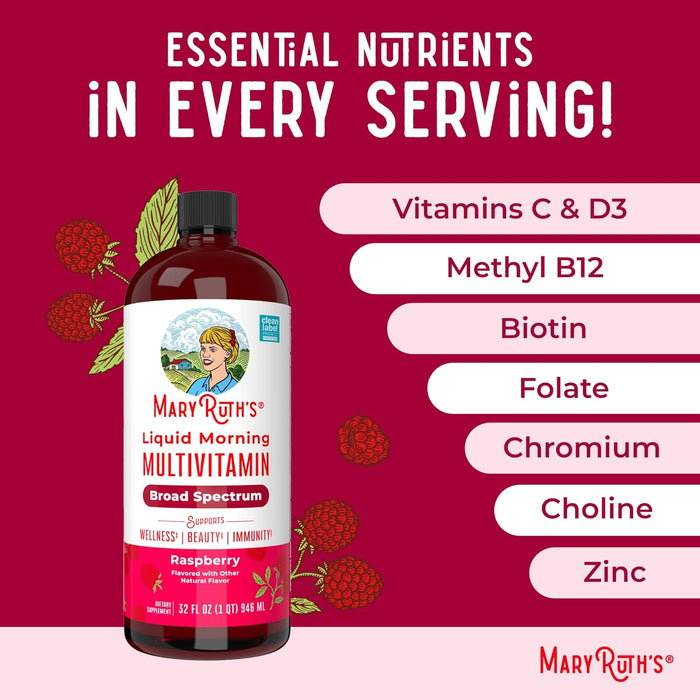 MaryRuth Organics Liquid Morning Multivitamin for Women, Men & Kids | Vitamin A C D E B6 B12 Biotin Zinc | Beauty | Vegan | Non-GMO | Gluten Free | 32 Servings