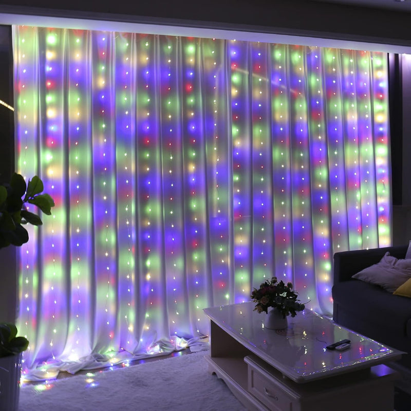 HXWEIYE 300LED Fairy Curtain Lights, 9.8x9.8Ft Warm White USB Plug in 8 Modes Christmas String Hanging Lights with Remote for Bedroom, Indoor, Outdoor, Weddings, Party