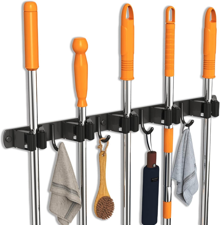Mop and Broom Holder Wall Mount, Upgraded Broom Organizer Wall Mount, Stainless Steel Broom Hanger Wall Mount for Home Kitchen Garden Laundry Garage (3 Racks with 4 Hooks)
