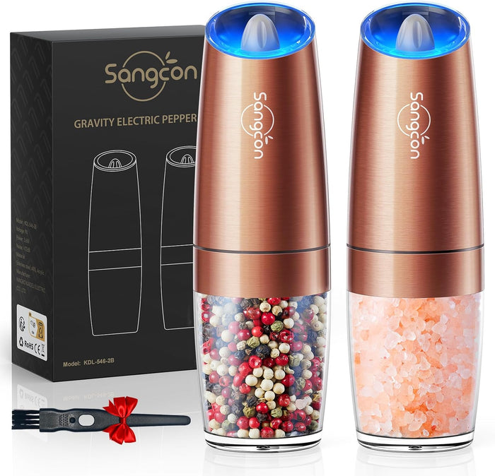 Sangcon Gravity Electric Salt and Pepper Grinder Set Automatic Shakers Mill Grinder with LED Light, BATTERY POWERED Adjustable Coarseness One Hand Operation, Upgraded Larger Capacity