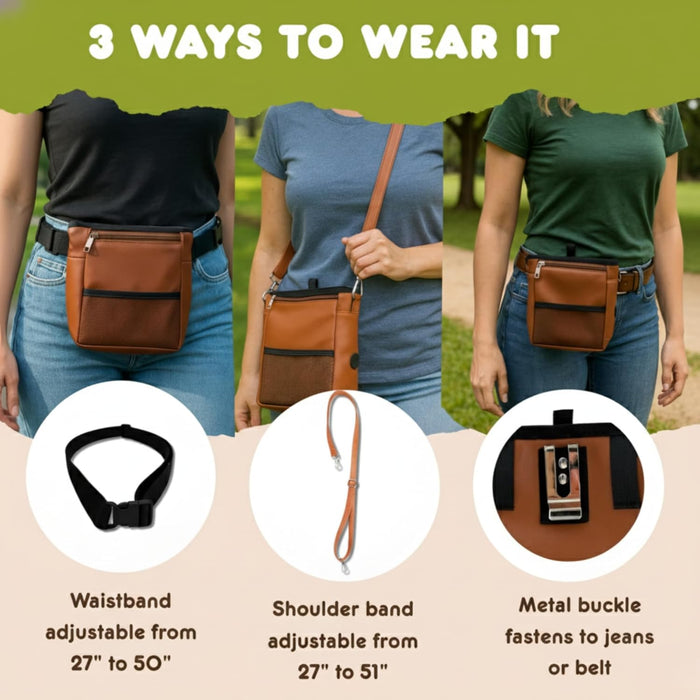 Large Dog Treat Pouch PU Leather with Clicker, Magnetic Clasp, Fits All Phones, 4 Cups, Hands-Free Pouches for Dog Training Treat Pouch, Built in Poop Bag Holder