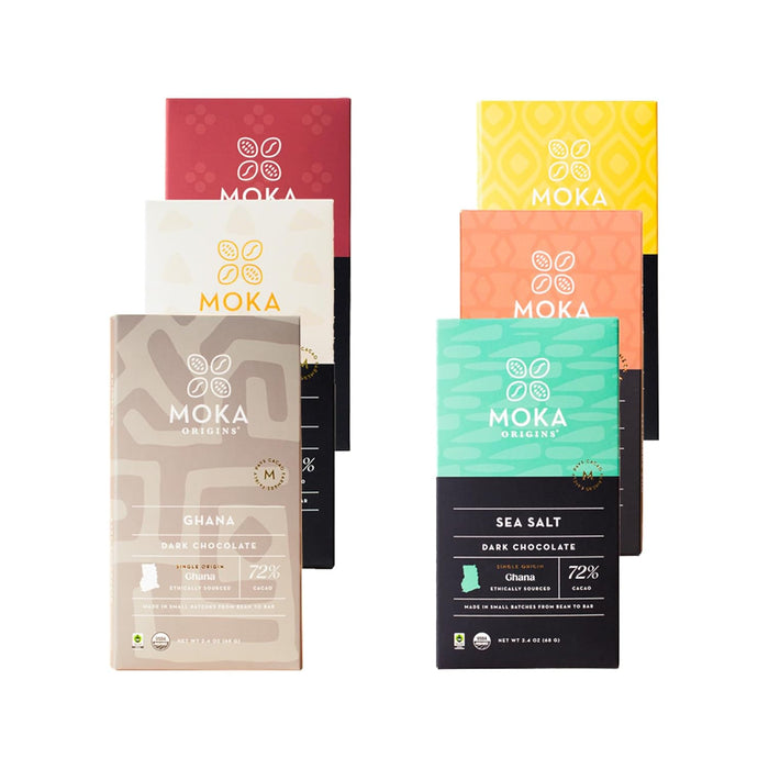 Moka Origins Organic Chocolate Bar Pack – Bean-to-Bar, Direct & Fair Trade, Small-Batch, Ethically Sourced, Gourmet, Artisan Craft Chocolate (6-Pack, Quinoa Crunch)