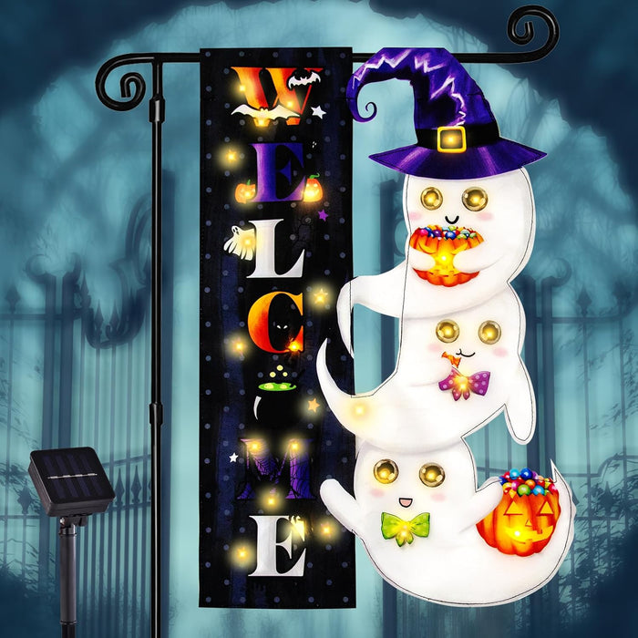 Halloween Lighted Garden Flag for Outside, Led Solar Yard Flag 8 Modes Witch Feet Shape Flag, 12x18 Double Sided Cauldron Eyeball Black Cat Decorations for Home Porch