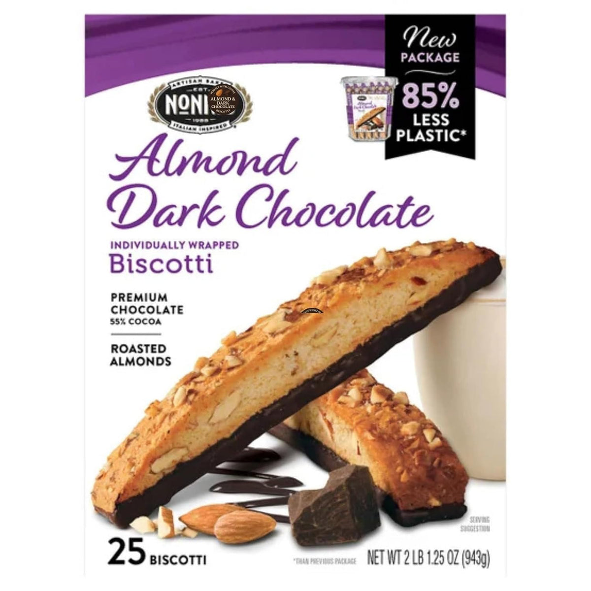 Nonnis Biscotti Almond Dark Chocolate – Gourmet Almond Biscotti, Individually Wrapped, Kosher, 25-Count Box
