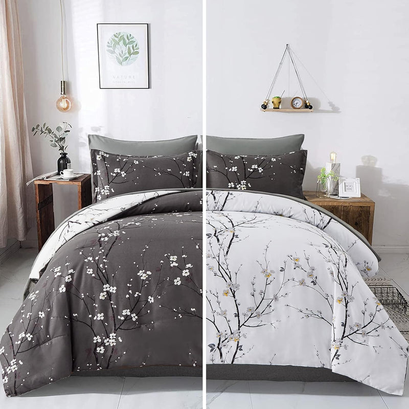 WONGS BEDDING Botanical Comforter Set Queen, 7 Pieces Green Reversible Bed in a Bag Floral Leaves Bedding Soft Microfiber Queen (1 Comforter,2 Pillowcase,2 Pillow Shams,1 Flat Sheet,1 Fitted Sheet)
