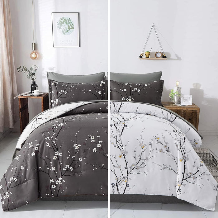 WONGS BEDDING Botanical Comforter Set Queen, 7 Pieces Green Reversible Bed in a Bag Floral Leaves Bedding Soft Microfiber Queen (1 Comforter,2 Pillowcase,2 Pillow Shams,1 Flat Sheet,1 Fitted Sheet)