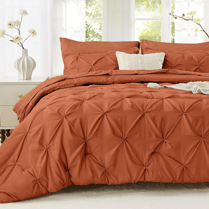 Sasttie Queen Comforter Set, 7-Piece Bed in a Bag, Pintuck Bedding Sets for All Season, Includes Comforter, Flat Sheet, Fitted Sheet, Pillowcases and Pillowshams, Beige
