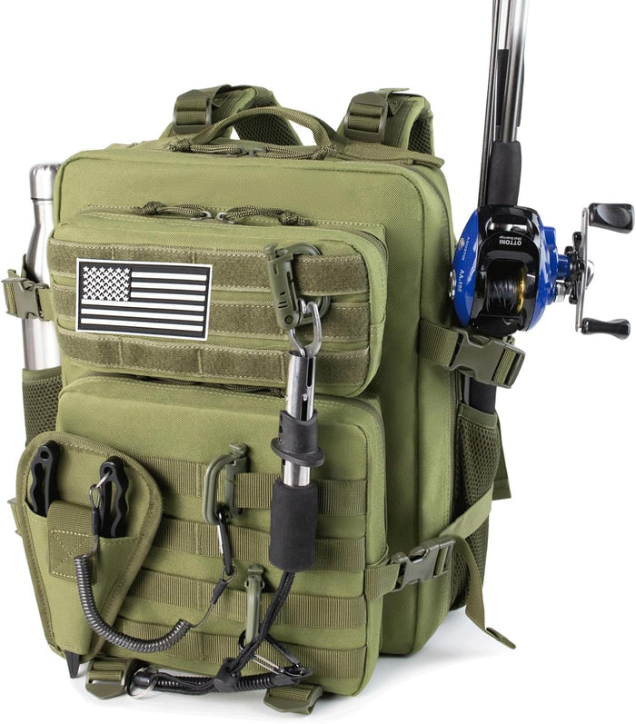 Large 45L Tactical Fishing Tackle Backpack with Removable Plier Holder & Rod Holders Storage Fishing Gear and Equipment Tackle Bag Hiking Backpack without Tackle Boxes Khaki