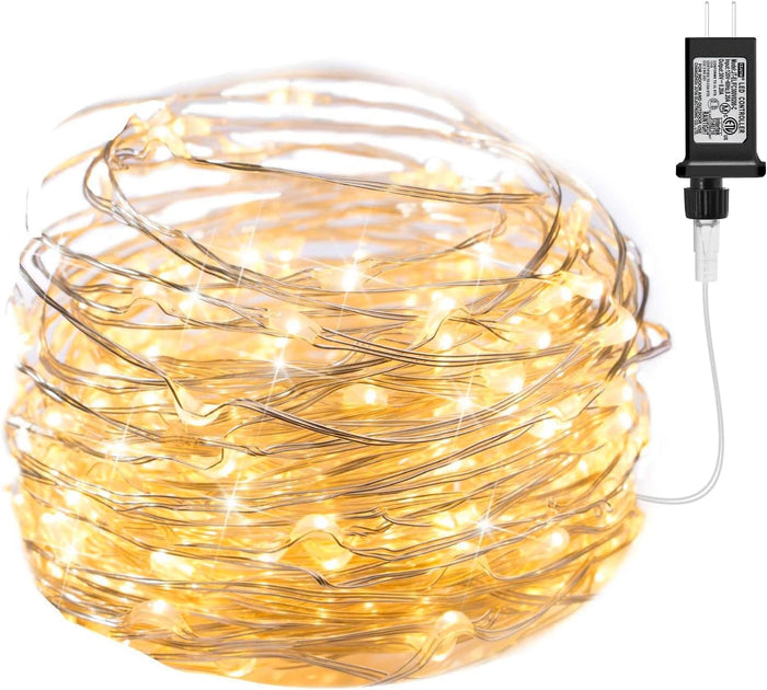 Minetom Fairy Lights Plug in, 33Ft 100 LEDs Waterproof Silver Wire Firefly Lights, Adaptor Included, Starry String Lights for Wedding Indoor Outdoor Christmas Patio Garden Decoration, Warm White