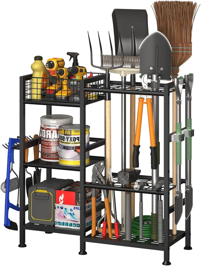 keomaisyto Garden Tool Organizer, Heavy Duty Yard Tool Tower Rack for Garage Organization and Storage, 3 Tier Utility Garden Tool Rack with hooks for Garden/Shed/Garage/Yard/Basement/Lawn