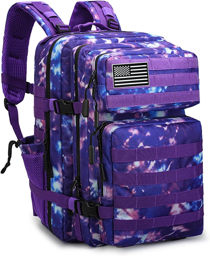 Military Tactical Backpack 45L Bug Out Bag Assault Pack Molle Daypack Hiking Gym Rucksack with Bottle Holder(Blue tie dye)
