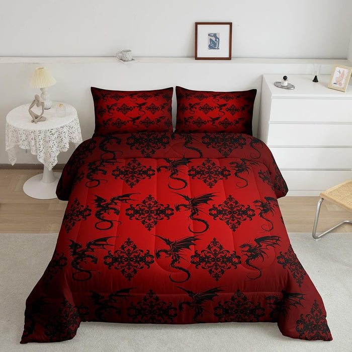 Feelyou Kids Boho Dragon Comforter Set Queen Size, Black Dragon Bedding Set Sun and Moon Duvet Insert Boys Girls Wildlife Teens Bedroom Decor Bed Set 3Pcs