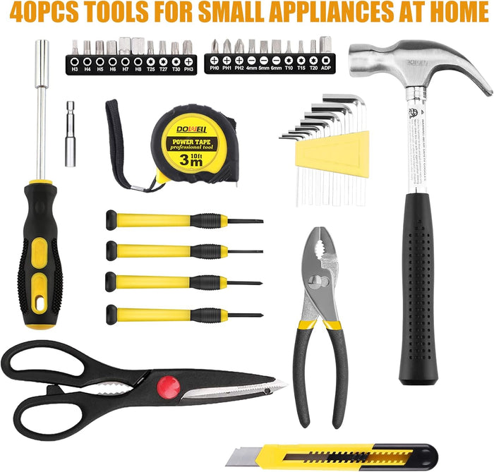 DOWELL 40 Piece Home Tool Set Yellow, General Household Hand Tool Kit with Plastic Toolbox Storage Case, Mini Repair Tool kit for Women, College Students, Home Use & More
