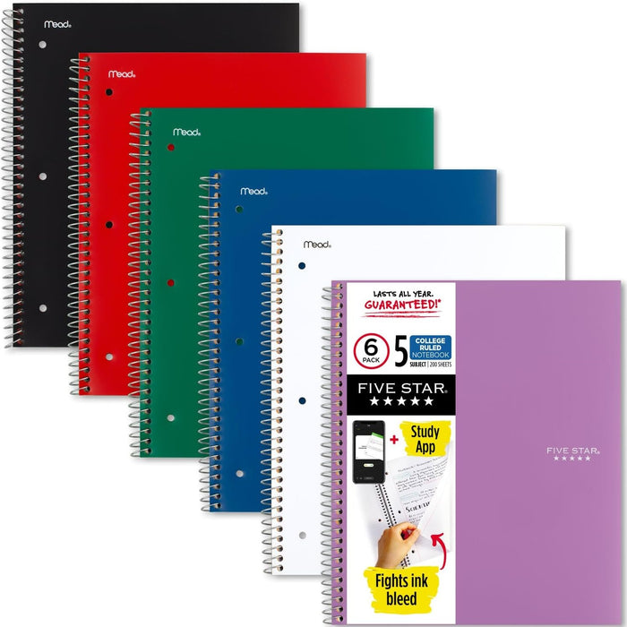 Five Star Spiral Notebook + Study App, 5 Subject, College Ruled Paper, 8-1/2" x 11", 200 Sheets, Fights Ink Bleed, Water Resistant Cover, Black (72081)