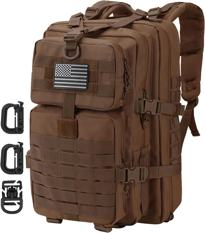 MOLLE Assault Backpack, Tactical Backpack Military Army Camping Rucksack, 3-Day Pack Trip w/USA Flag Patch, D-Rings, Black