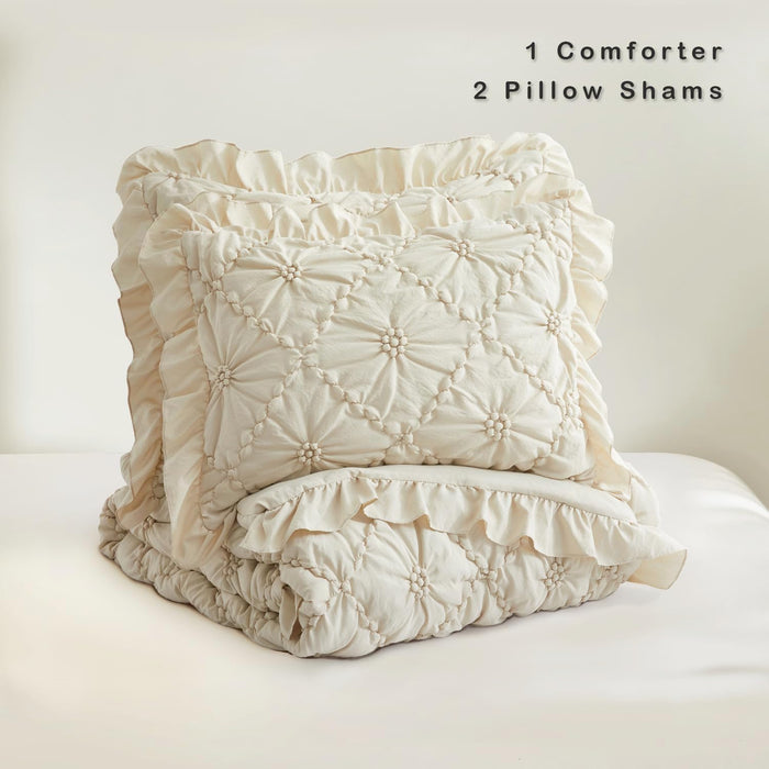 BEDAZZLED Queen Size Comforter Sets, Beige Bedding Comforter Set, 3 Pieces Pinch Pleat Bedding Sets with Comforter and Pillowcases Soft Farmhouse Shabby Chic Comforter for All Season