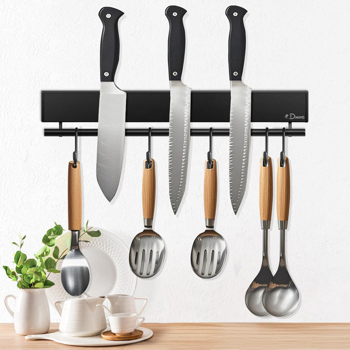 Dmore magnetic knife holder for wall—with 10 hooks, No Drilling 17 Inch black knife magnetic strip, Extra Strong Magnet knife rack, include Adhesive Tape and screws for Knives and Tools