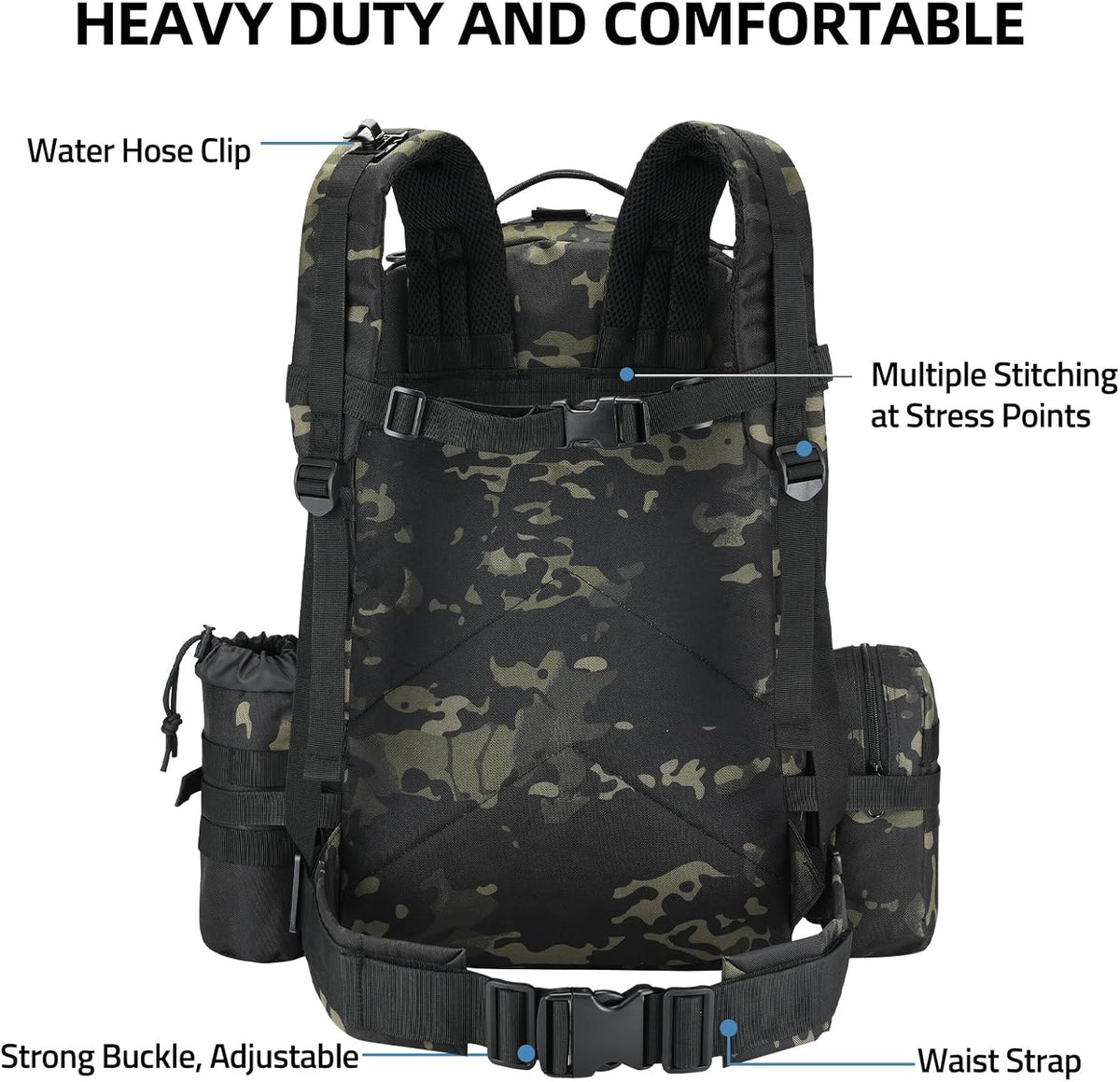 Military Tactical Backpack for Men, 60L Large Army Assault Pack, 3 Day Bug Out Bag with Removable Water Pouch for Outdoor Hiking Camping Hunting Detachable Rucksack Molle Bag, Black Camo