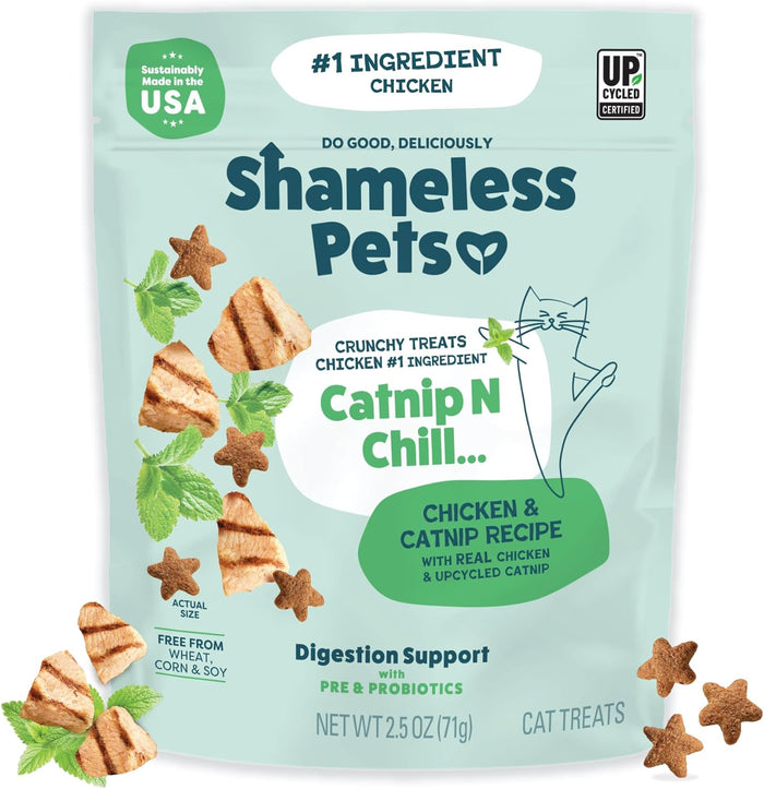 Shameless Pets Crunchy Cat Treats - Catnip Treats for Cats with Digestive Support, Kitten Treats with Real Chicken, Natural & Healthy Flavored Feline Snacks - Catnip N Chill, 1-Pk (12 Oz)