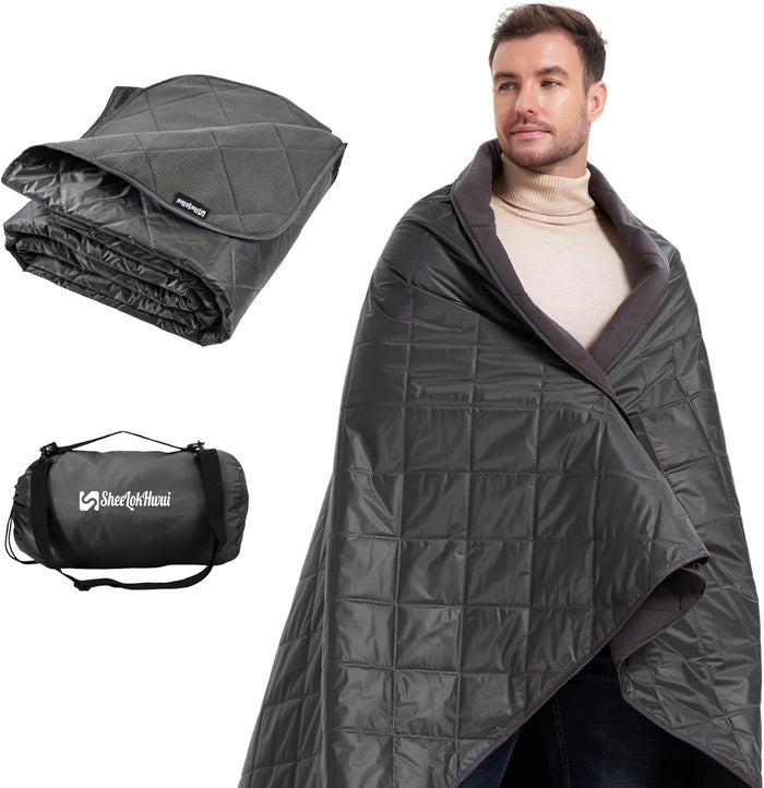 4-in-1 Large Camping Blankets - Waterproof, Windproof Fleece Outdoor Blankets for Stadium, Sports, Car, Concert - 81"x57", Portable (Dark Gray)