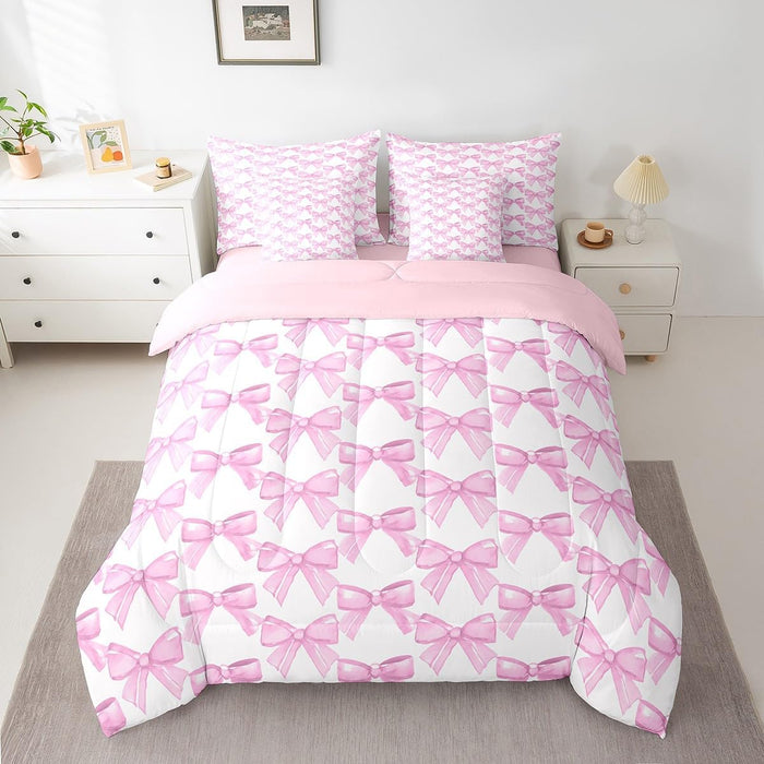 Feelyou Pink Bow Bed Set for Kids Boys Girls Full Size Cute Dreamy Princess Style 7 Pieces Beeding Set Ultra Soft Bow Pattern Bed in a Bag with Comforter, Sheets, Pillowcases Bowknot Room Decor