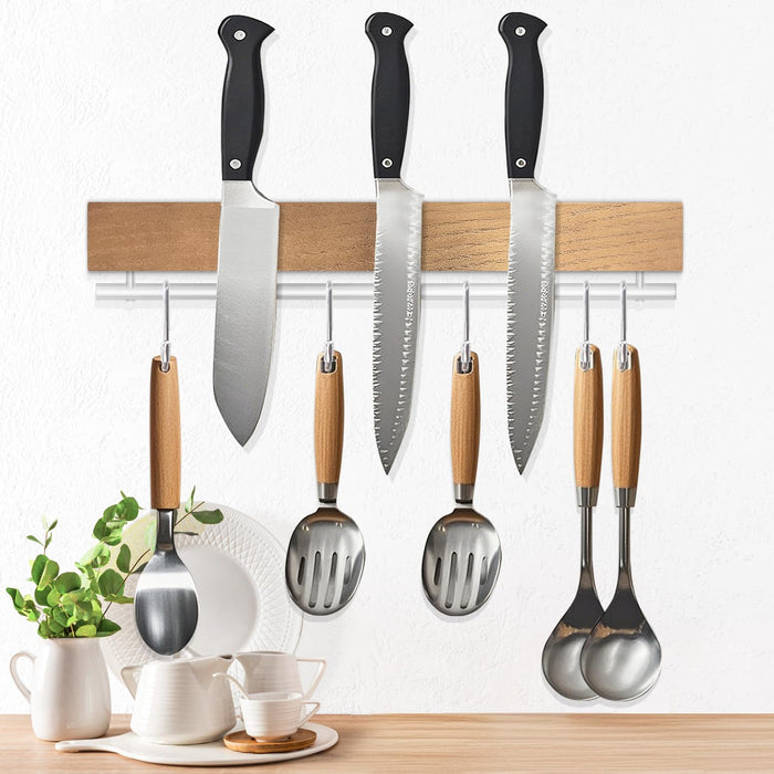 Dmore magnetic knife holder for wall—with 10 hooks, No Drilling 17 Inch black knife magnetic strip, Extra Strong Magnet knife rack, include Adhesive Tape and screws for Knives and Tools