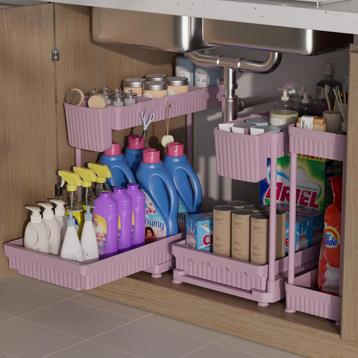 2 Pack Multi-Purpose Under Sink Organizers and Storage, 2025 Pull Out Cabinet Organizer for Bathroom & Kitchen, Under Cabinet Organizer with Hooks Hanging Cup, Black