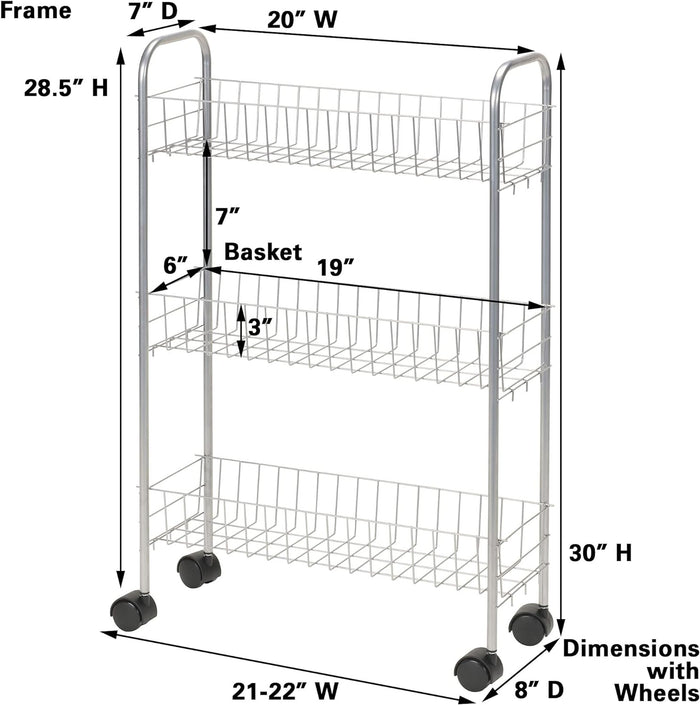 Household Essentials Slim Storage Cart, 3 Shelf Storage Cart with Wheels, Perfect for Laundry Rooms, Bathrooms, Pantries, Kitchens and More